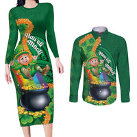 St Patrick's Day Hawaii Couples Matching Long Sleeve Bodycon Dress and Long Sleeve Button Shirt Hauoli Maoli Funny Shaka Leprechaun