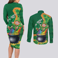 St Patrick's Day Hawaii Couples Matching Long Sleeve Bodycon Dress and Long Sleeve Button Shirt Hauoli Maoli Funny Shaka Leprechaun