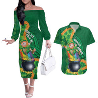 St Patrick's Day Hawaii Couples Matching Off The Shoulder Long Sleeve Dress and Hawaiian Shirt Hauoli Maoli Funny Shaka Leprechaun