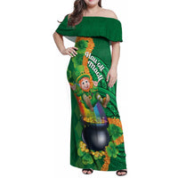 St Patrick's Day Hawaii Family Matching Off Shoulder Maxi Dress and Hawaiian Shirt Hauoli Maoli Funny Shaka Leprechaun LT14 Mom's Dress Green - Polynesian Pride