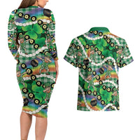 St Patrick's Day Palaka Hawaii Couples Matching Long Sleeve Bodycon Dress and Hawaiian Shirt Kukui Nut Pikake Lei Shamrock Dabbing Leprechaun