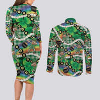 St Patrick's Day Palaka Hawaii Couples Matching Long Sleeve Bodycon Dress and Long Sleeve Button Shirt Kukui Nut Pikake Lei Shamrock Dabbing Leprechaun