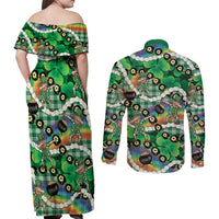 St Patrick's Day Palaka Hawaii Couples Matching Off Shoulder Maxi Dress and Long Sleeve Button Shirt Kukui Nut Pikake Lei Shamrock Dabbing Leprechaun LT14 - Polynesian Pride