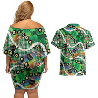 St Patrick's Day Palaka Hawaii Couples Matching Off Shoulder Short Dress and Hawaiian Shirt Kukui Nut Pikake Lei Shamrock Dabbing Leprechaun