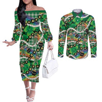 St Patrick's Day Palaka Hawaii Couples Matching Off The Shoulder Long Sleeve Dress and Long Sleeve Button Shirt Kukui Nut Pikake Lei Shamrock Dabbing Leprechaun LT14 Green - Polynesian Pride