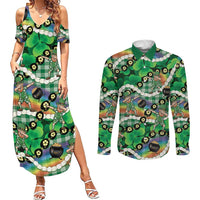 St Patrick's Day Palaka Hawaii Couples Matching Summer Maxi Dress and Long Sleeve Button Shirt Kukui Nut Pikake Lei Shamrock Dabbing Leprechaun