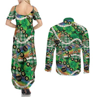 St Patrick's Day Palaka Hawaii Couples Matching Summer Maxi Dress and Long Sleeve Button Shirt Kukui Nut Pikake Lei Shamrock Dabbing Leprechaun