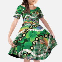St Patrick's Day Palaka Hawaii Family Matching Off Shoulder Maxi Dress and Hawaiian Shirt Kukui Nut Pikake Lei Shamrock Dabbing Leprechaun