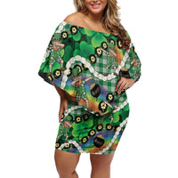 St Patrick's Day Palaka Hawaii Off Shoulder Short Dress Kukui Nut Pikake Lei Shamrock Dabbing Leprechaun