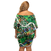 St Patrick's Day Palaka Hawaii Off Shoulder Short Dress Kukui Nut Pikake Lei Shamrock Dabbing Leprechaun
