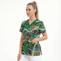 St Patrick's Day Palaka Hawaii Scrub Top Kukui Nut Pikake Lei Shamrock Dabbing Leprechaun