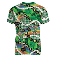 St Patrick's Day Palaka Hawaii Women V-Neck T-Shirt Kukui Nut Pikake Lei Shamrock Dabbing Leprechaun LT14 - Polynesian Pride