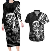 Hafa Adai Guam Discovery Day Couples Matching Long Sleeve Bodycon Dress and Hawaiian Shirt Chamorro Latte Stone Hand Black Version