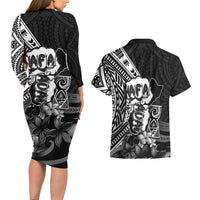 Hafa Adai Guam Discovery Day Couples Matching Long Sleeve Bodycon Dress and Hawaiian Shirt Chamorro Latte Stone Hand Black Version