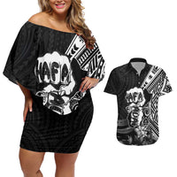 Hafa Adai Guam Discovery Day Couples Matching Off Shoulder Short Dress and Hawaiian Shirt Chamorro Latte Stone Hand Black Version LT14 Black - Polynesian Pride