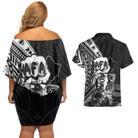 Hafa Adai Guam Discovery Day Couples Matching Off Shoulder Short Dress and Hawaiian Shirt Chamorro Latte Stone Hand Black Version LT14 - Polynesian Pride