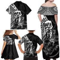 Hafa Adai Guam Discovery Day Family Matching Off Shoulder Maxi Dress and Hawaiian Shirt Chamorro Latte Stone Hand Black Version LT14 - Polynesian Pride
