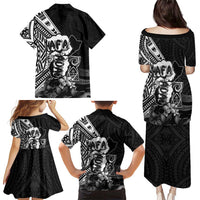 Hafa Adai Guam Discovery Day Family Matching Puletasi and Hawaiian Shirt Chamorro Latte Stone Hand Black Version