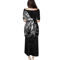 Hafa Adai Guam Discovery Day Family Matching Puletasi and Hawaiian Shirt Chamorro Latte Stone Hand Black Version