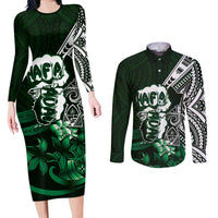 Hafa Adai Guam Discovery Day Couples Matching Long Sleeve Bodycon Dress and Long Sleeve Button Shirt Chamorro Latte Stone Hand Green Version