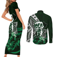 Hafa Adai Guam Discovery Day Couples Matching Short Sleeve Bodycon Dress and Long Sleeve Button Shirt Chamorro Latte Stone Hand Green Version