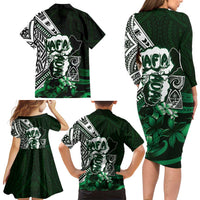 Hafa Adai Guam Discovery Day Family Matching Long Sleeve Bodycon Dress and Hawaiian Shirt Chamorro Latte Stone Hand Green Version