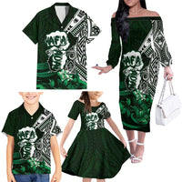 Hafa Adai Guam Discovery Day Family Matching Off The Shoulder Long Sleeve Dress and Hawaiian Shirt Chamorro Latte Stone Hand Green Version