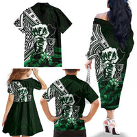 Hafa Adai Guam Discovery Day Family Matching Off The Shoulder Long Sleeve Dress and Hawaiian Shirt Chamorro Latte Stone Hand Green Version