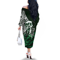 Hafa Adai Guam Discovery Day Family Matching Off The Shoulder Long Sleeve Dress and Hawaiian Shirt Chamorro Latte Stone Hand Green Version
