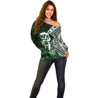 Hafa Adai Guam Discovery Day Off Shoulder Sweater Chamorro Latte Stone Hand Green Version