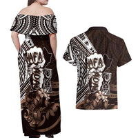 Hafa Adai Guam Discovery Day Couples Matching Off Shoulder Maxi Dress and Hawaiian Shirt Chamorro Latte Stone Hand Brown Version