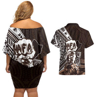 Hafa Adai Guam Discovery Day Couples Matching Off Shoulder Short Dress and Hawaiian Shirt Chamorro Latte Stone Hand Brown Version