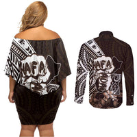 Hafa Adai Guam Discovery Day Couples Matching Off Shoulder Short Dress and Long Sleeve Button Shirt Chamorro Latte Stone Hand Brown Version