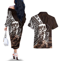 Hafa Adai Guam Discovery Day Couples Matching Off The Shoulder Long Sleeve Dress and Hawaiian Shirt Chamorro Latte Stone Hand Brown Version LT14 - Polynesian Pride