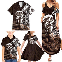 Hafa Adai Guam Discovery Day Family Matching Summer Maxi Dress and Hawaiian Shirt Chamorro Latte Stone Hand Brown Version