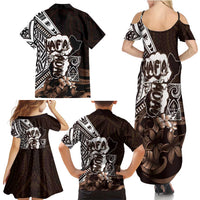 Hafa Adai Guam Discovery Day Family Matching Summer Maxi Dress and Hawaiian Shirt Chamorro Latte Stone Hand Brown Version