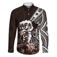 Hafa Adai Guam Discovery Day Family Matching Tank Maxi Dress and Hawaiian Shirt Chamorro Latte Stone Hand Brown Version LT14 Dad's Shirt - Long Sleeve Brown - Polynesian Pride