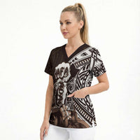 Hafa Adai Guam Discovery Day Scrub Top Chamorro Latte Stone Hand Brown Version