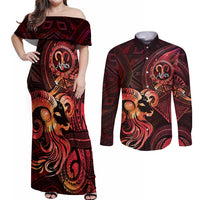 Personalised Polynesia Zodiac Aries Couples Matching Off Shoulder Maxi Dress and Long Sleeve Button Shirt Galaxy Polynesian Pattern Chest Tattoo Style