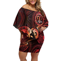 Personalised Polynesia Zodiac Aries Family Matching Off Shoulder Short Dress and Hawaiian Shirt Galaxy Polynesian Pattern Chest Tattoo Style LT14 Mom's Dress Red - Polynesian Pride