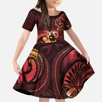 Personalised Polynesia Zodiac Aries Family Matching Short Sleeve Bodycon Dress and Hawaiian Shirt Galaxy Polynesian Pattern Chest Tattoo Style LT14 Daughter's Dress Red - Polynesian Pride