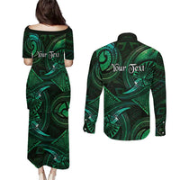 Personalised Polynesia Zodiac Taurus Couples Matching Puletasi and Long Sleeve Button Shirt Galaxy Polynesian Pattern Chest Tattoo Style