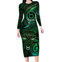 Personalised Polynesia Zodiac Taurus Family Matching Long Sleeve Bodycon Dress and Hawaiian Shirt Galaxy Polynesian Pattern Chest Tattoo Style LT14 Mom's Dress Green - Polynesian Pride