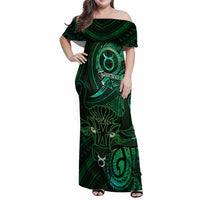 Personalised Polynesia Zodiac Taurus Family Matching Off Shoulder Maxi Dress and Hawaiian Shirt Galaxy Polynesian Pattern Chest Tattoo Style LT14 Mom's Dress Green - Polynesian Pride