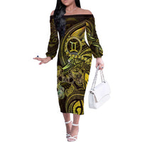 Personalised Polynesia Zodiac Gemini Family Matching Off The Shoulder Long Sleeve Dress and Hawaiian Shirt Galaxy Polynesian Pattern Chest Tattoo Style