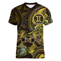 Personalised Polynesia Zodiac Gemini Women V-Neck T-Shirt Galaxy Polynesian Pattern Chest Tattoo Style