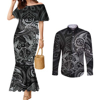 Personalised Polynesia Zodiac Cancer Couples Matching Mermaid Dress and Long Sleeve Button Shirt Galaxy Polynesian Pattern Chest Tattoo Style