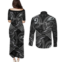 Personalised Polynesia Zodiac Cancer Couples Matching Puletasi and Long Sleeve Button Shirt Galaxy Polynesian Pattern Chest Tattoo Style