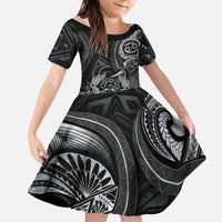 Personalised Polynesia Zodiac Cancer Family Matching Off Shoulder Maxi Dress and Hawaiian Shirt Galaxy Polynesian Pattern Chest Tattoo Style LT14 Daughter's Dress Black - Polynesian Pride