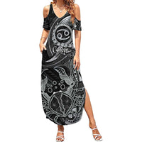 Personalised Polynesia Zodiac Cancer Family Matching Summer Maxi Dress and Hawaiian Shirt Galaxy Polynesian Pattern Chest Tattoo Style LT14 Mom's Dress Black - Polynesian Pride